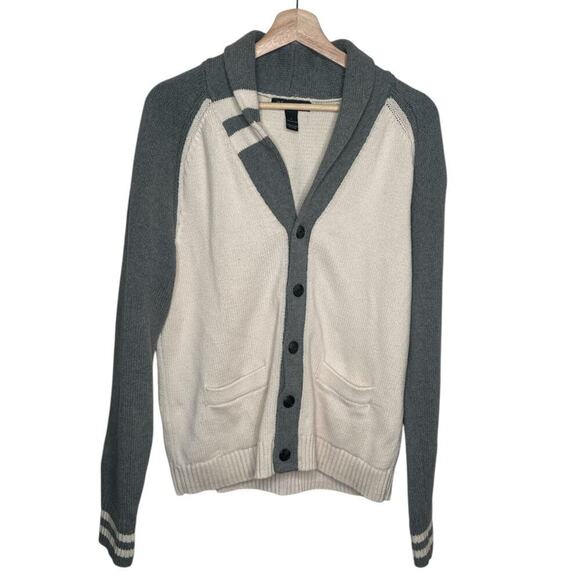 I.N.C Grey Ivory 2 Tone V-Neck Cotton Knit Cardigan Sweater Men's Size L - Picture 1 of 4